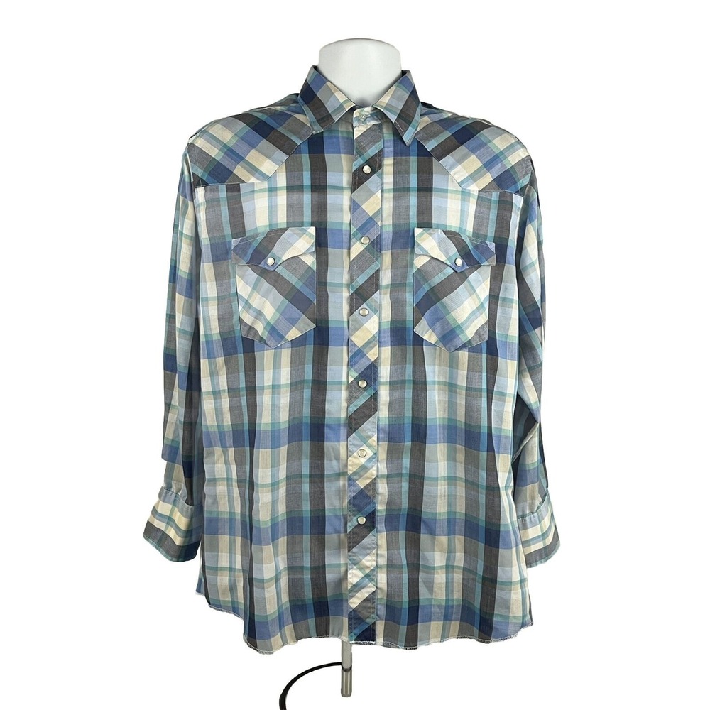 Wrangler VTG Reg Fit Western Shirt X-Long Tails Pearl Snaps Size 16-33 Large